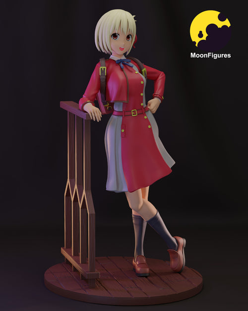 Sculptor's render of the painted design (kit ships unpainted): full-figure three-quarter view of the smiling blonde girl in a red coat dress and cropped jacket, one hand on a wooden fence rail, standing on a round plank floor