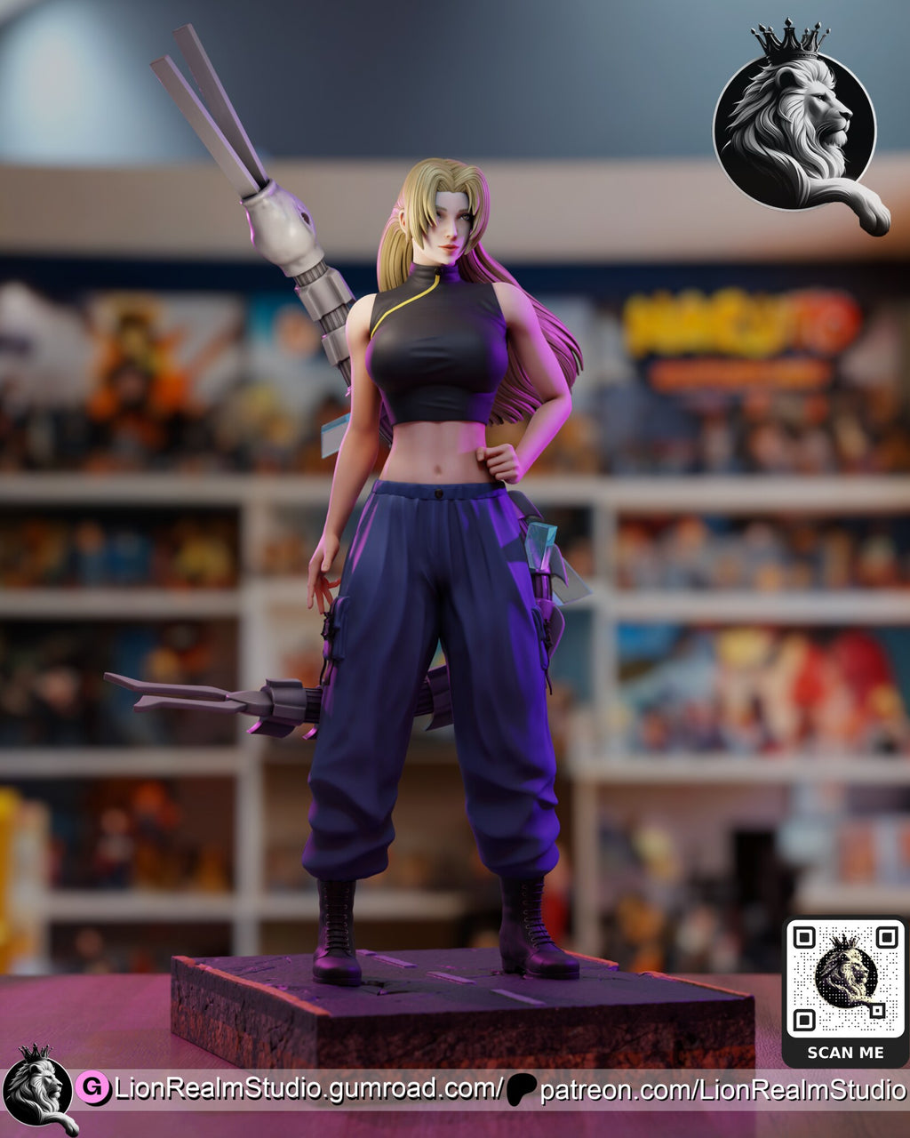 Sculptor's render of the painted design (kit ships unpainted): full front view of the blonde woman standing hand on hip on a cracked asphalt base, a gray segmented serpent spirit coiled behind her with its pronged head over her shoulder