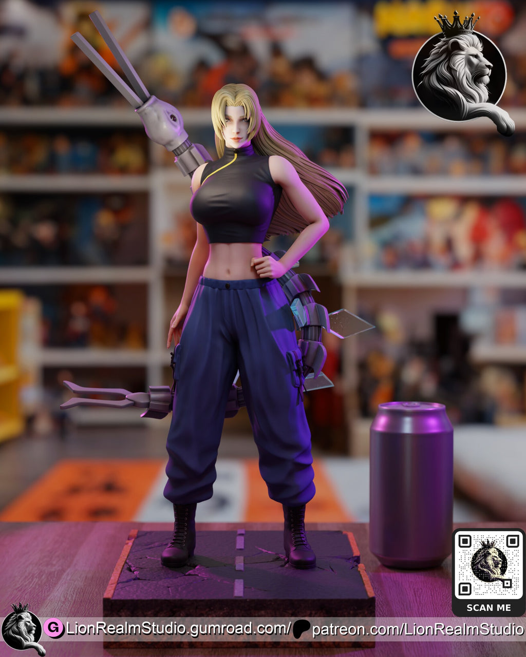 Sculptor's render (kit ships unpainted): full front view with a drink can beside the base for scale