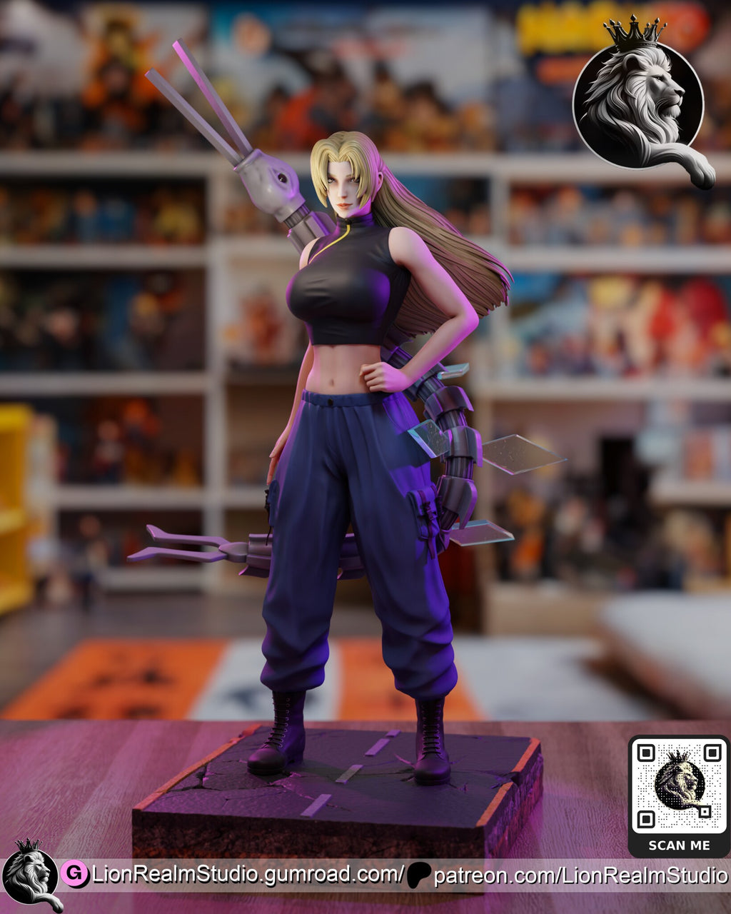 Sculptor's render (kit ships unpainted): view from her left, with the translucent blue fins on the serpent's coil