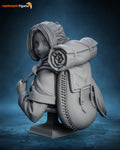 Sculptor's render of the design, shown in gray (kit ships unpainted): bust of the blonde elf mage looking back over her shoulder, the backpack and rolled bedroll on her back, on a square plinth