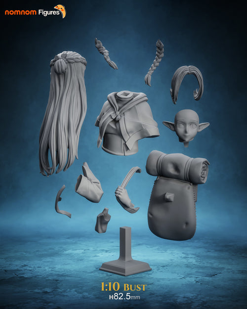 Studio scale and parts sheet (kit ships unpainted): the bust's separate parts laid out with the studio's bust height