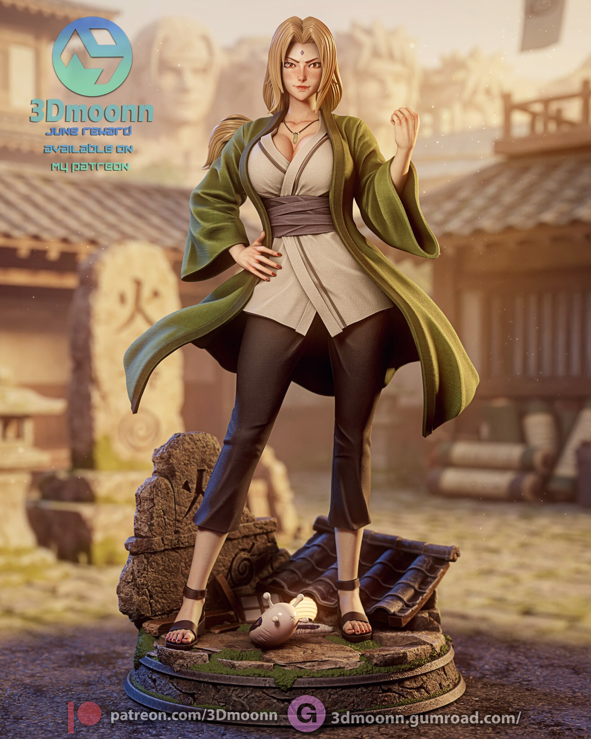 Sculptor's render of the painted design (kit ships unpainted): full front view of the blonde figure in an open green coat, one hand on her hip and one fist raised, on the round stone base with a broken wall, fallen roof tiles and a small snail