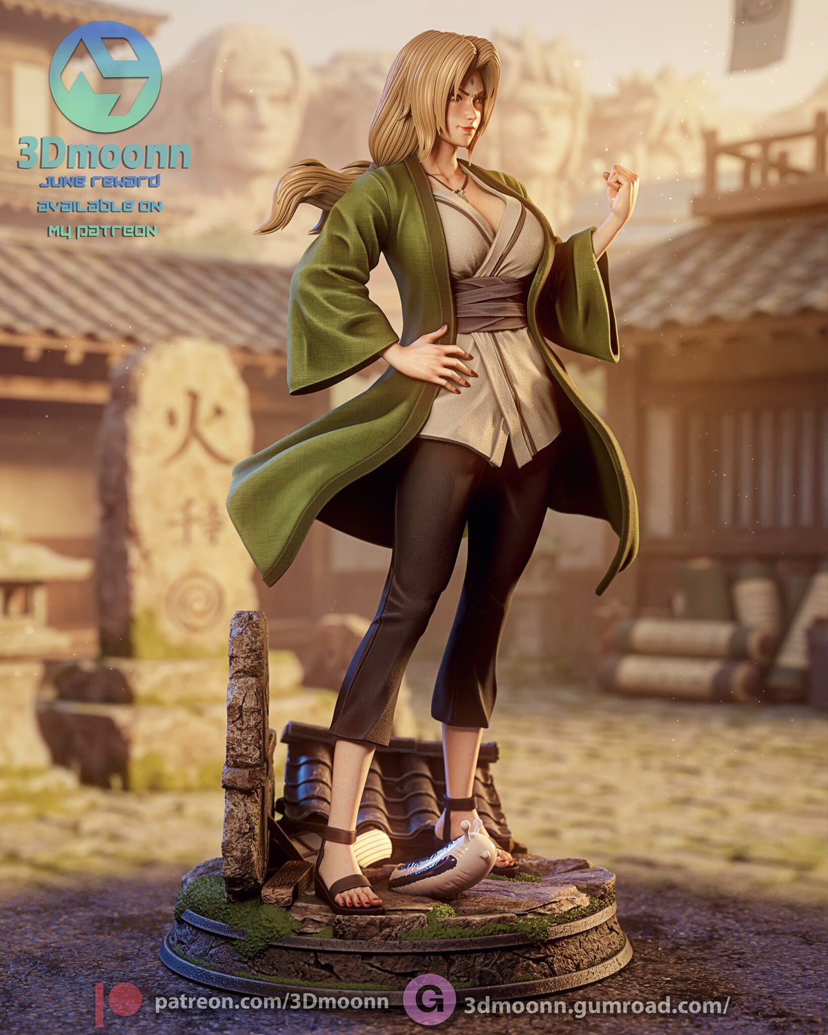 Sculptor's render (kit ships unpainted): three-quarter front view with the raised fist, the roof tiles and wall at the side and the snail beside her foot