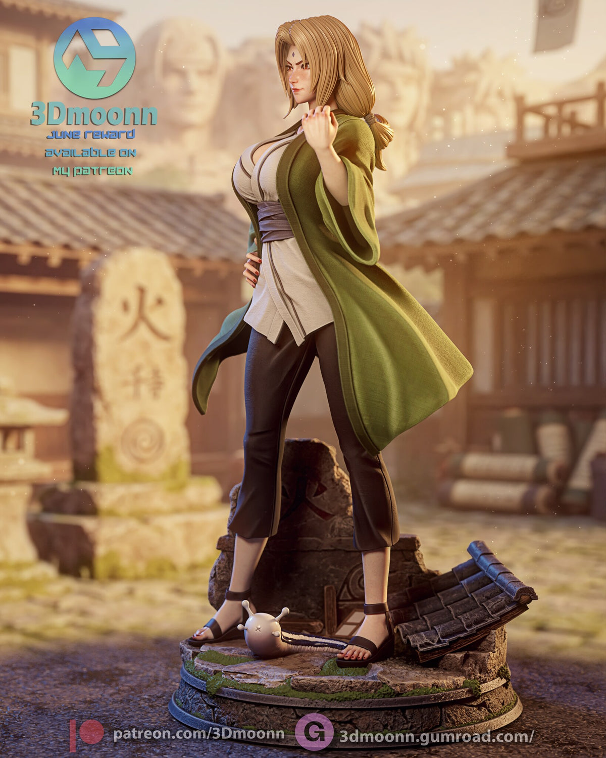Sculptor's render (kit ships unpainted): side view showing how far the coat hem trails behind her and the tie on her low hair tail