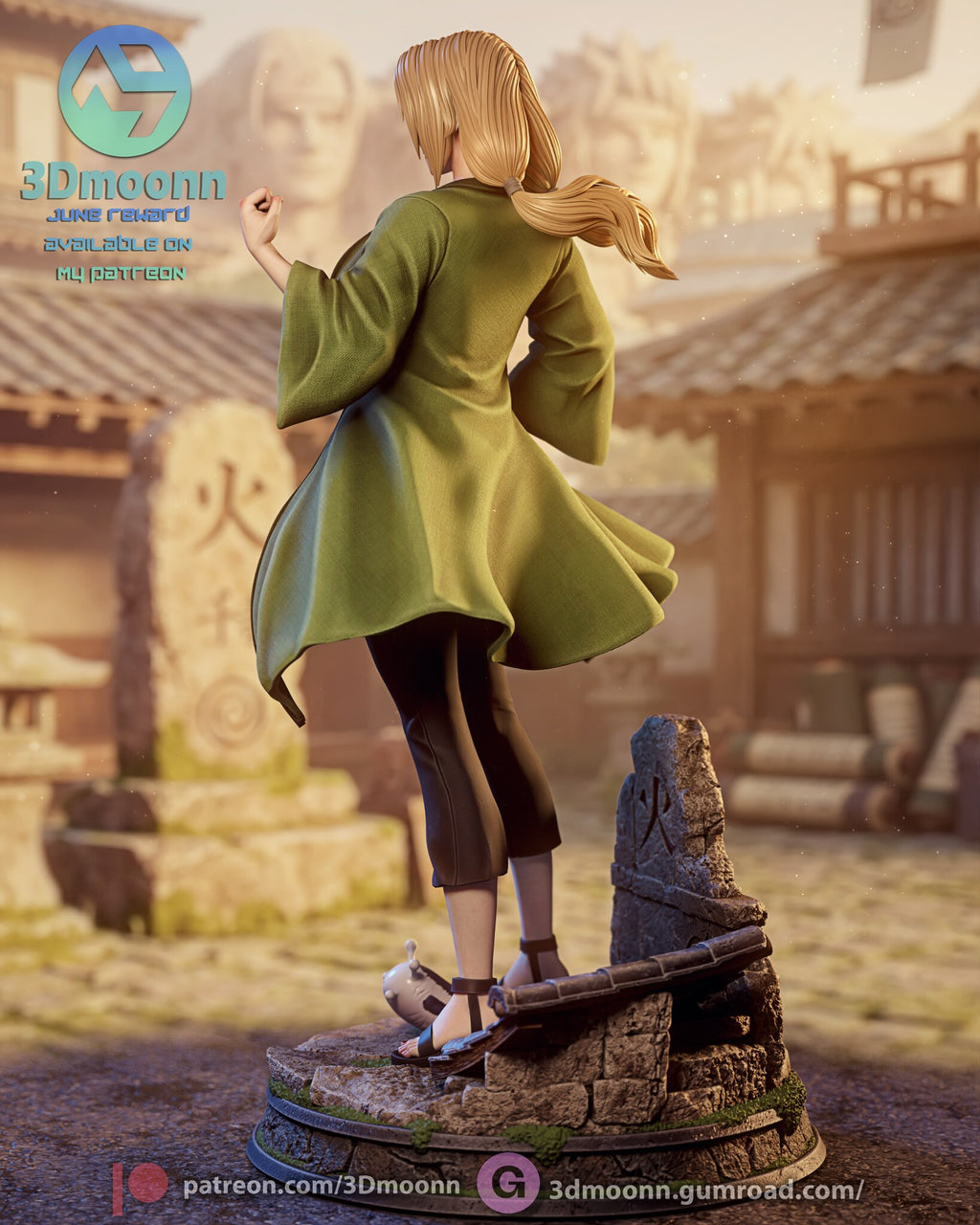 Sculptor's render (kit ships unpainted): rear three-quarter view of the coat spread out behind her and the carved stone wall on the base