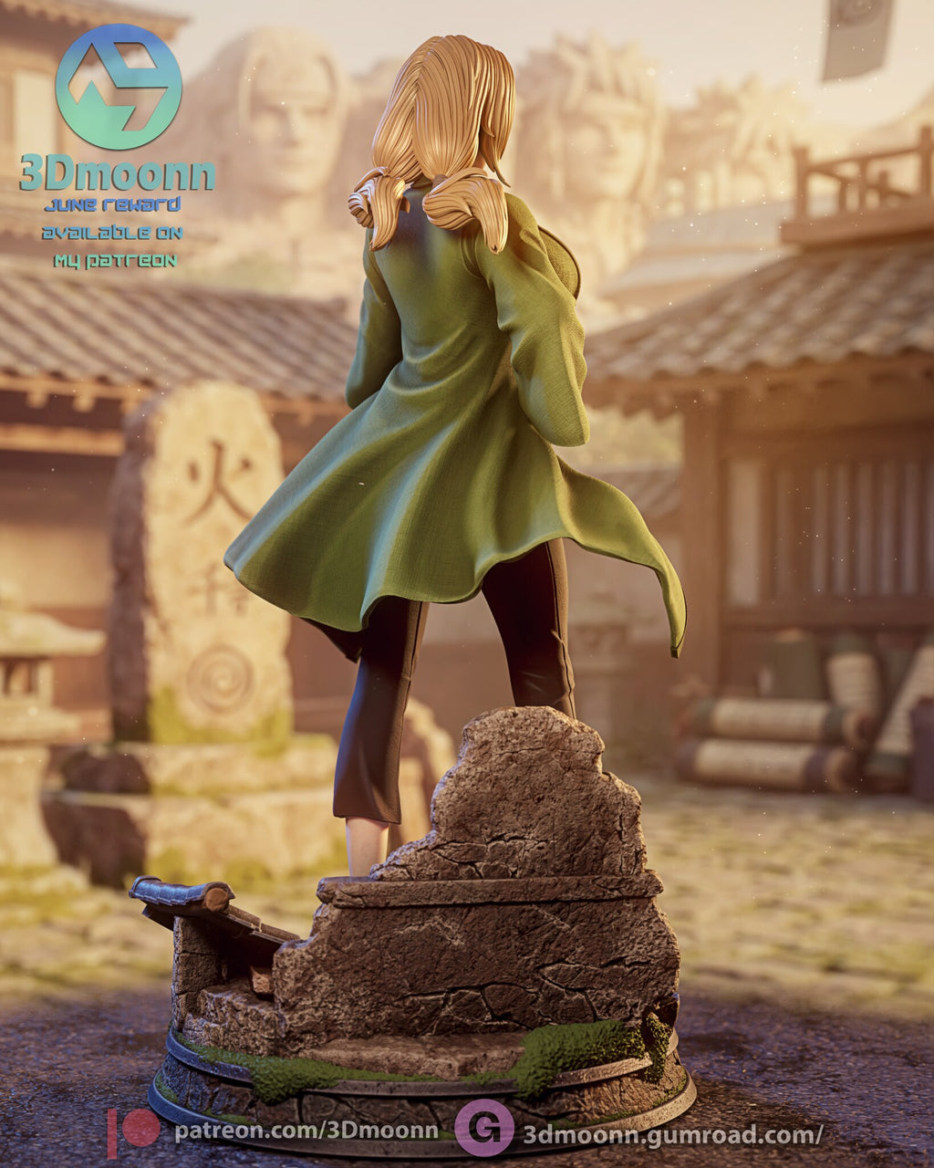 Sculptor's render (kit ships unpainted): back view showing both low hair tails and the full spread of the green coat