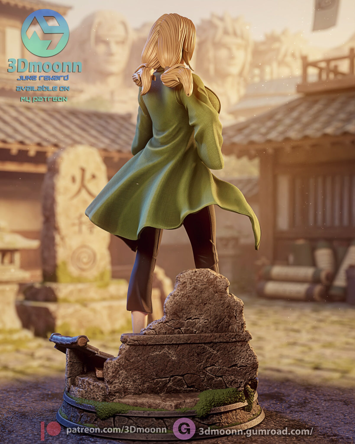 Sculptor's render (kit ships unpainted): back view showing both low hair tails and the full spread of the green coat