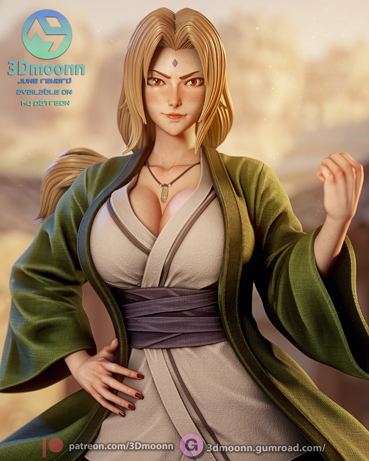 Sculptor's render (kit ships unpainted): close-up of the face, the small diamond mark on her forehead, the cord necklace and the open coat