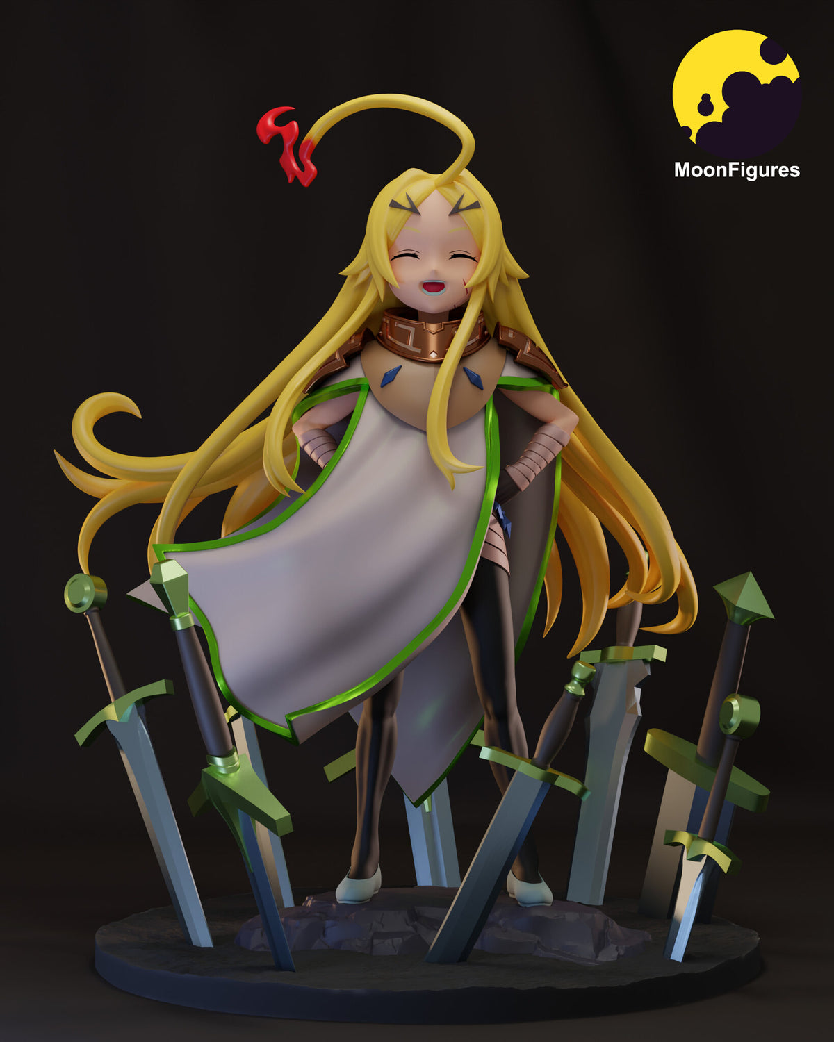 Sculptor's render of the painted design (kit ships unpainted): front view of the laughing blonde girl in a white cloak with hands on her hips, inside a ring of standing swords on the round rock base