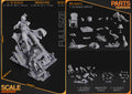 Studio scale and parts sheet (kit ships unpainted): the miniature shown in front of the 1:10 diorama with the studio's sizes for each version (miniature 69 mm tall), and the parts of each version laid out, the miniature's in the bottom middle