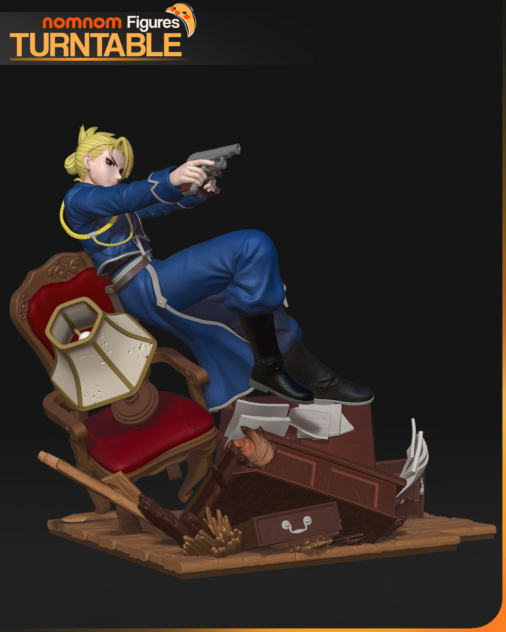 Sculptor's render (kit ships unpainted): painted view from the chair side, the red armchair and toppled lamp; the miniature is the same sculpt at 69 mm tall, in 12 pieces