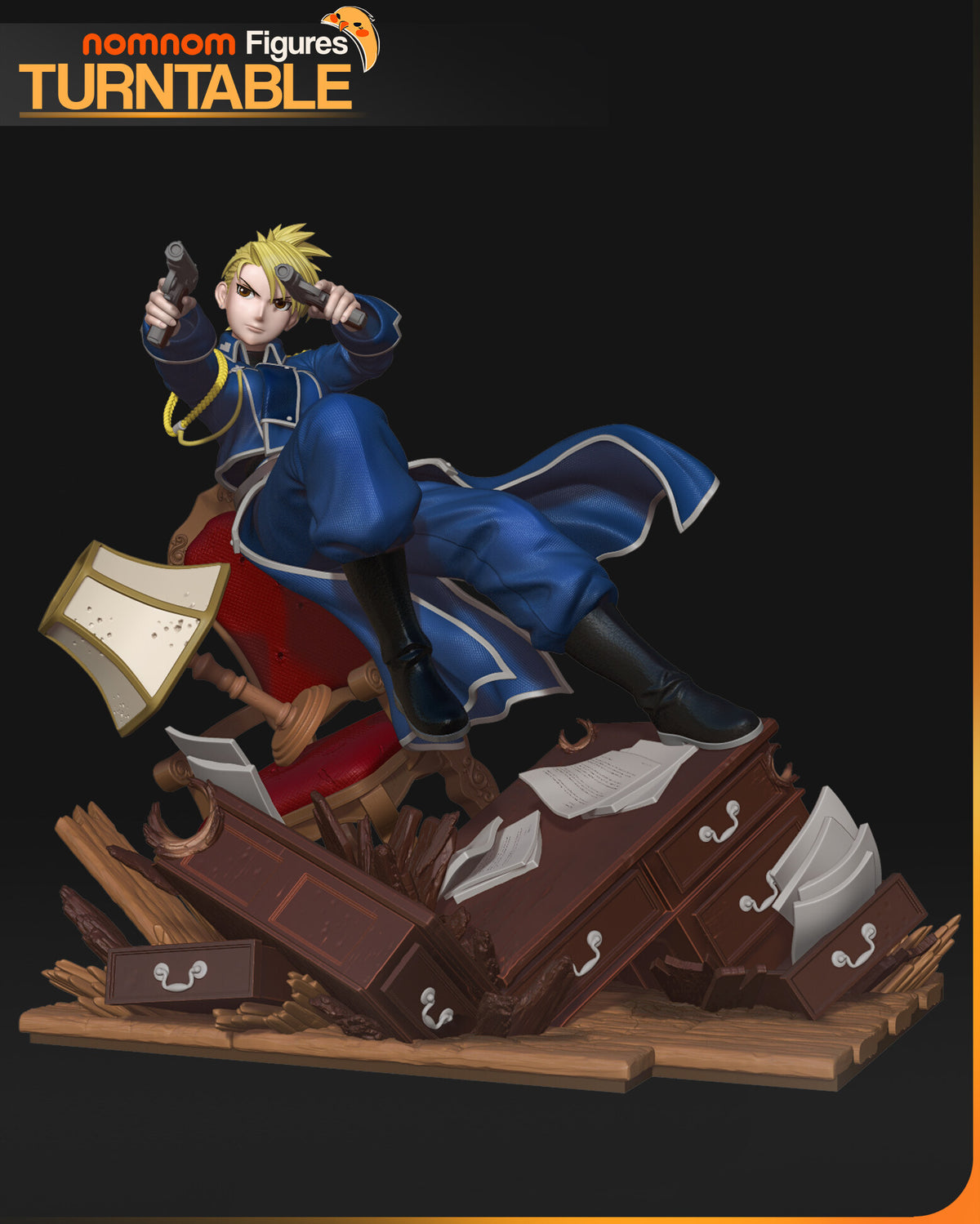 Sculptor's render of the painted design (kit ships unpainted): the blonde officer in a blue uniform leaping over a broken desk with a pistol in each hand, a red armchair and a bullet-holed lamp behind her