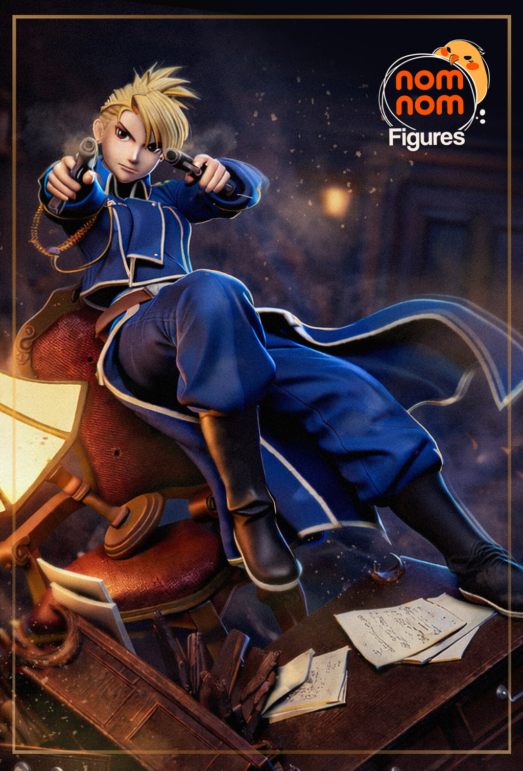Sculptor's render (kit ships unpainted): low front view with both pistols aimed at the viewer and the lit lamp beside her