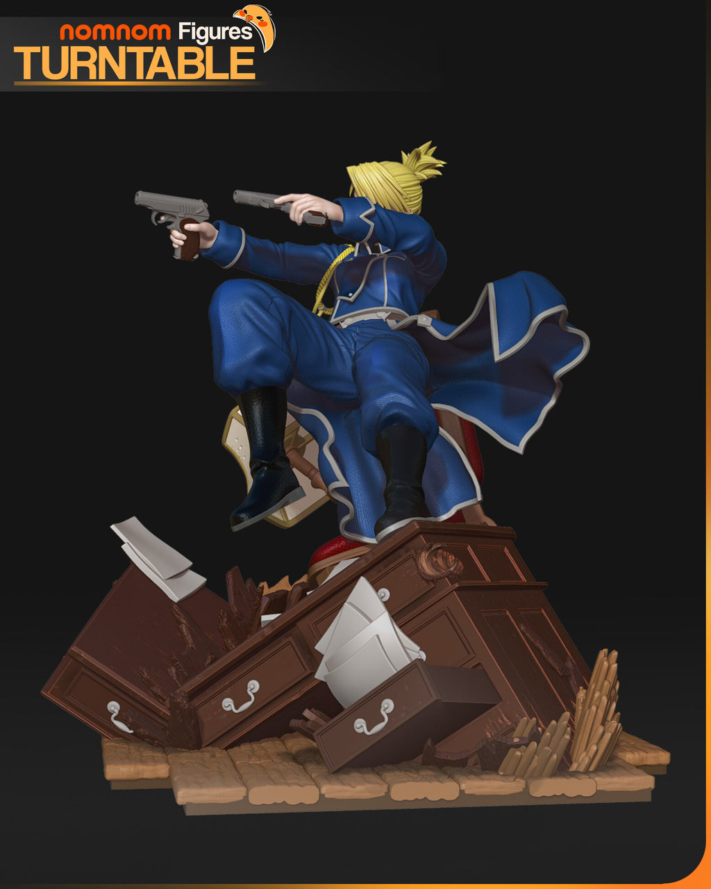 Sculptor's render (kit ships unpainted): side view with both pistols aimed in parallel over the split desk