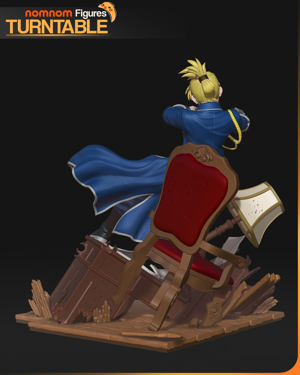 Sculptor's render (kit ships unpainted): rear view of the red tufted armchair back, the flaring coat and her clipped-up hair