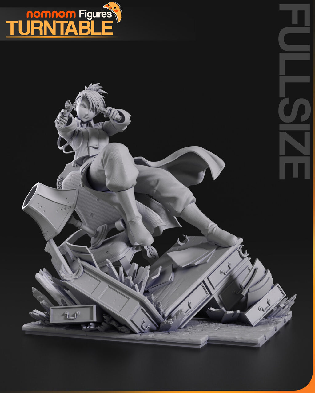 Sculptor's render (kit ships unpainted): gray front three-quarter view of the whole office diorama