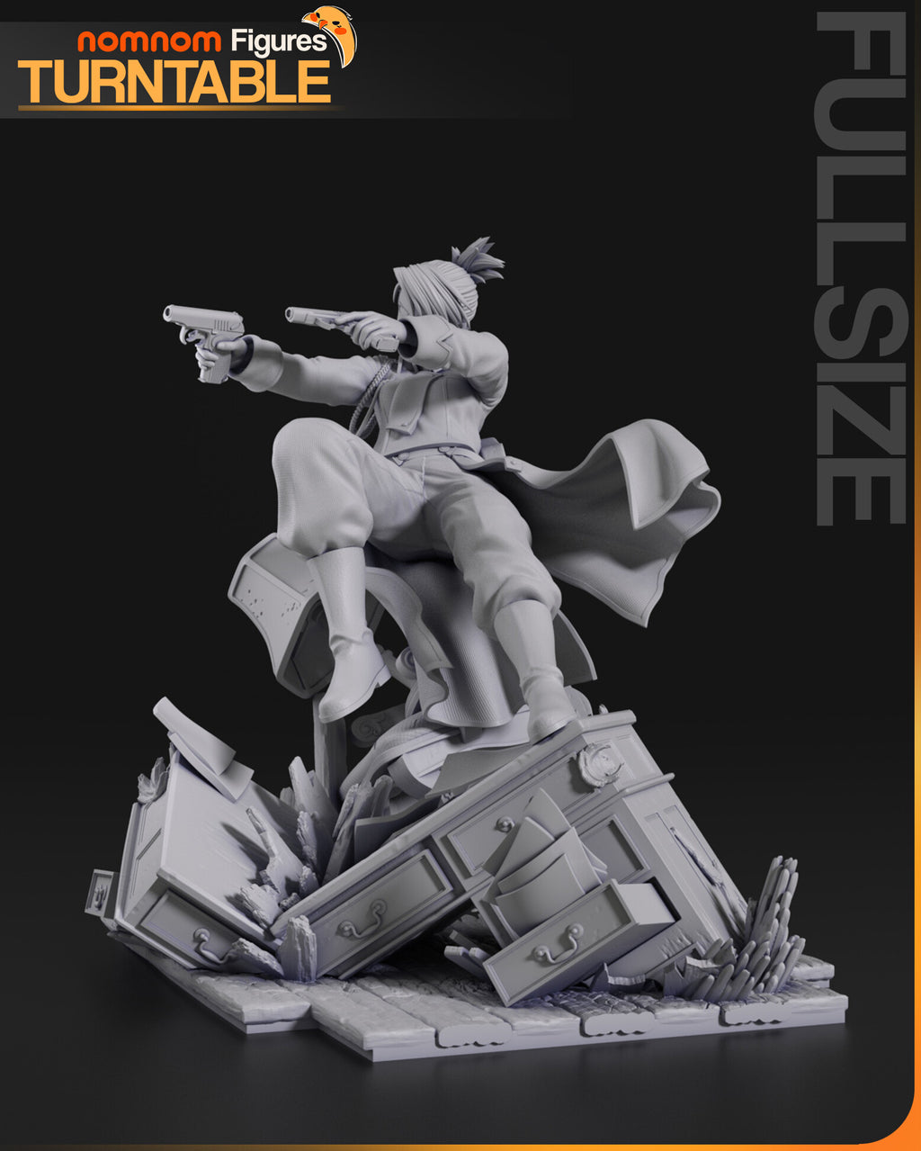 Sculptor's render (kit ships unpainted): gray side view with the pistols aimed and the desk drawers spilling out