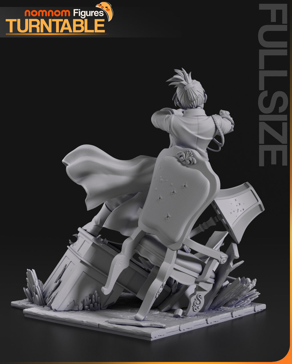 Sculptor's render (kit ships unpainted): gray rear view of the bullet-holed armchair back and the coat tail
