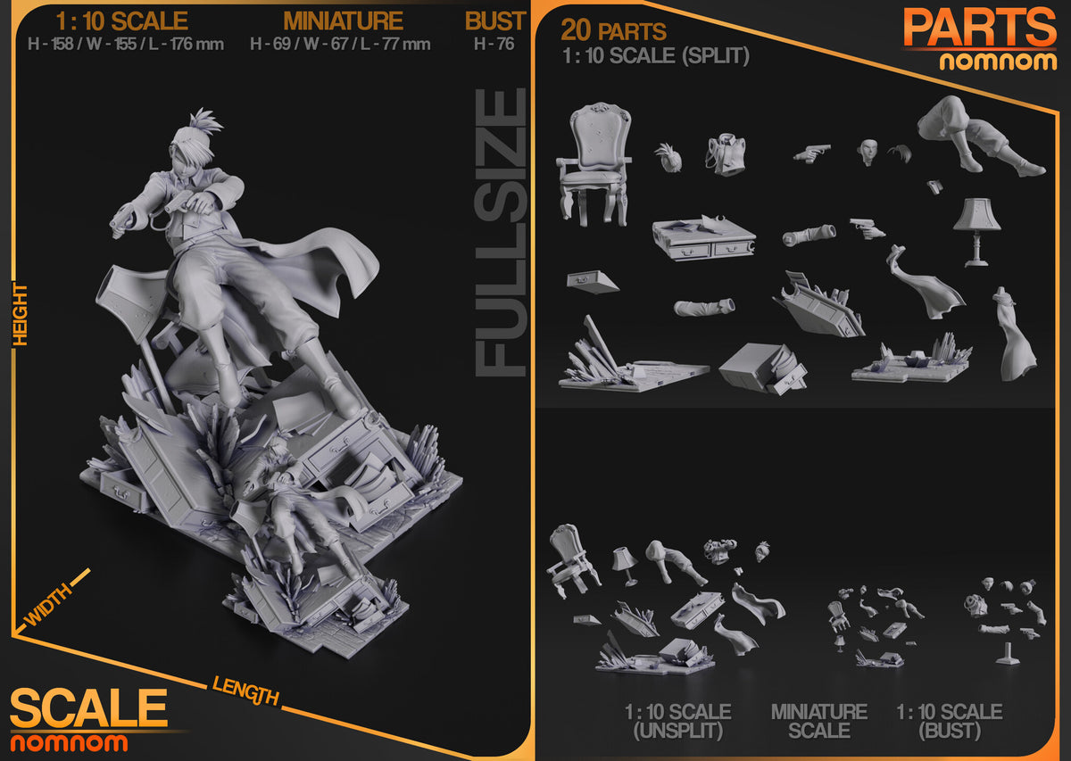 Studio scale and parts sheet (kit ships unpainted): the 1:10 scale office diorama with the studio's height, width and length, and its 20 split parts laid out (the miniature and bust shown on the sheet are sold as separate listings)
