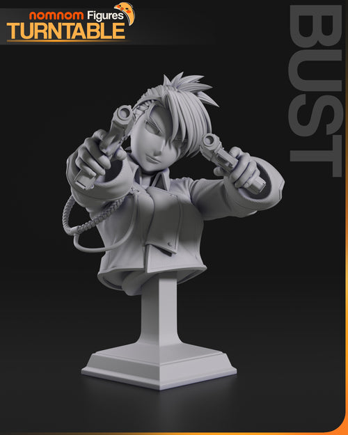 Sculptor's render of the painted design (kit ships unpainted): gray studio view of the bust, both pistols held up beside her face, the military jacket with its braided shoulder cord, on a pillar stand with a stepped square foot