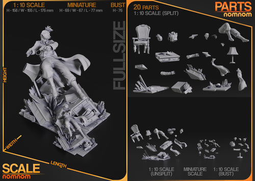 Studio scale and parts sheet (kit ships unpainted): the studio's sizes for each version (bust 76 mm tall), with the bust's parts shown in the bottom-right corner