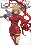Sculptor's render of the painted design (kit ships unpainted): front view from the head to the thighs, the blonde soldier in a red uniform with a giant grey cannon on her shoulder and red shadow tendrils curling beside her