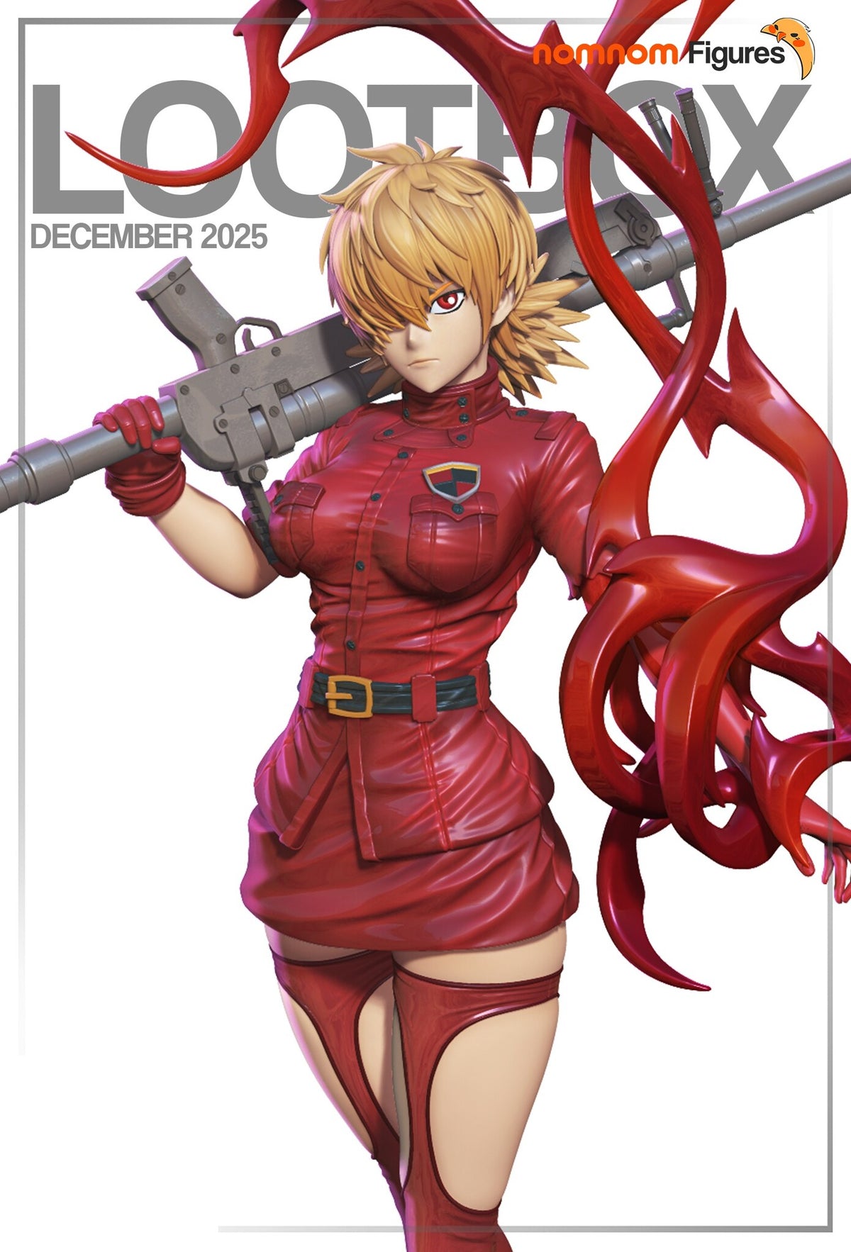 Sculptor's render of the painted design (kit ships unpainted): front view from the head to the thighs, the blonde soldier in a red uniform with a giant grey cannon on her shoulder and red shadow tendrils curling beside her