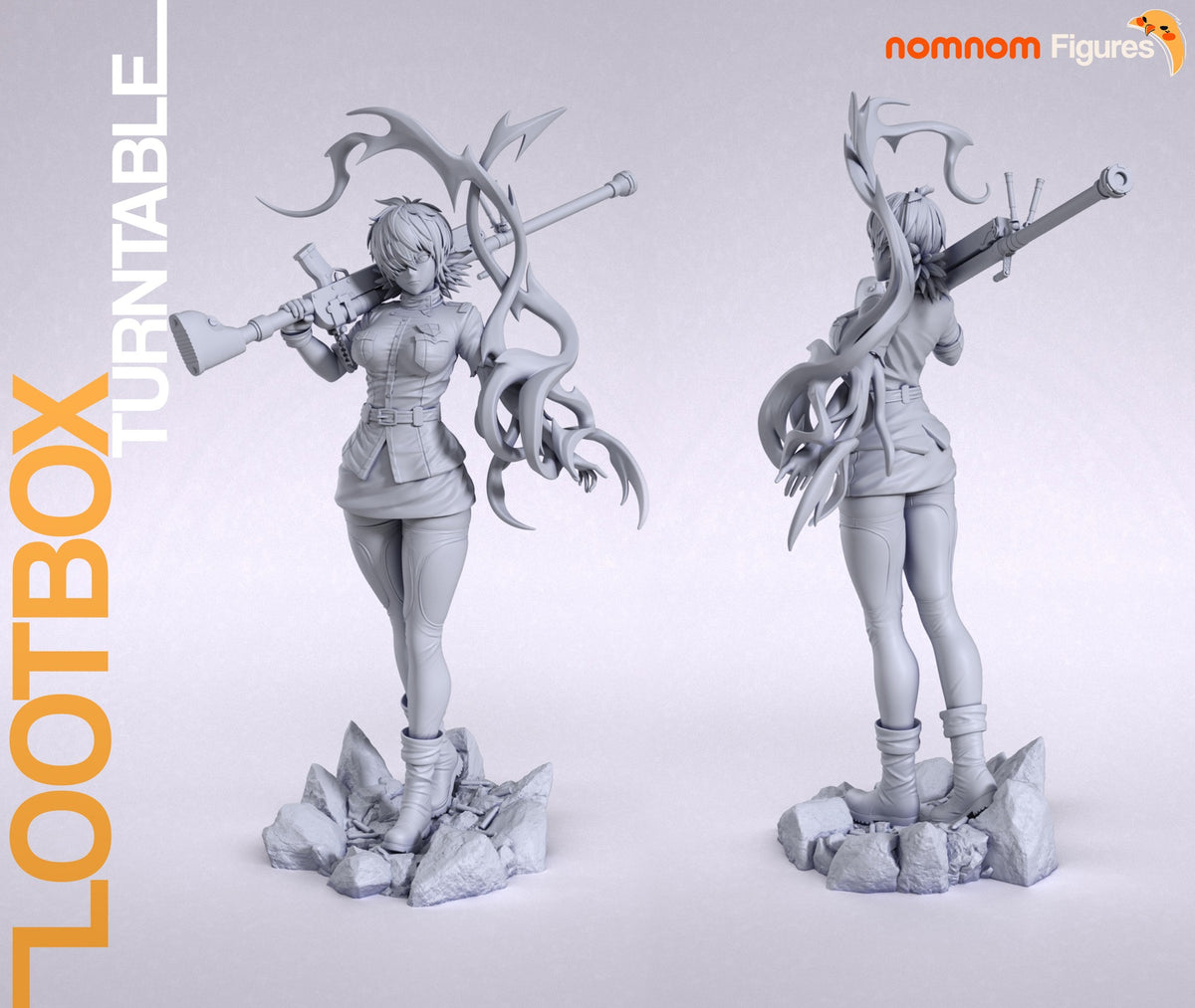 Studio's turntable sheet, shown in gray (kit ships unpainted): front and rear views of the full figure on the rubble base, cannon on her shoulder and tendrils sweeping up