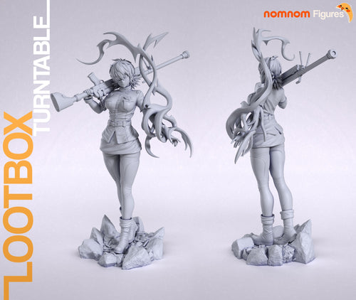 Studio's turntable sheet, shown in gray (kit ships unpainted): front and rear views of the full figure on the rubble base, cannon on her shoulder and tendrils sweeping up