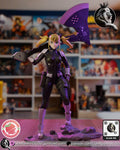 Sculptor's render of the painted design (kit ships unpainted): front view of the blonde soldier with the giant battle axe on her shoulder, standing on the broken rock base