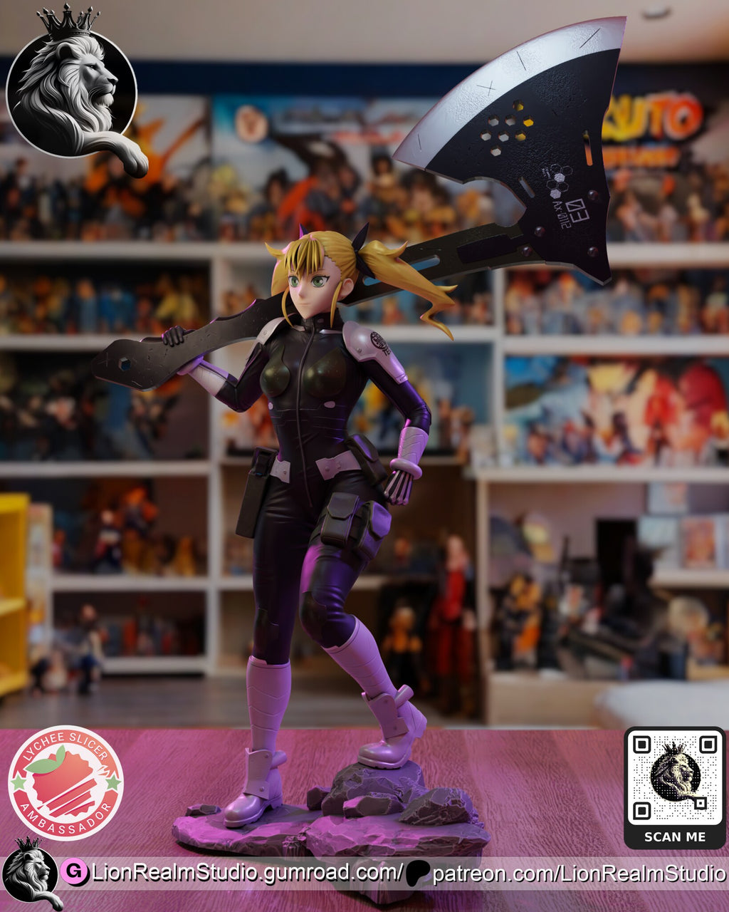 Sculptor's render (kit ships unpainted): three-quarter view from her left, the axe blade black with a silver edge above her head