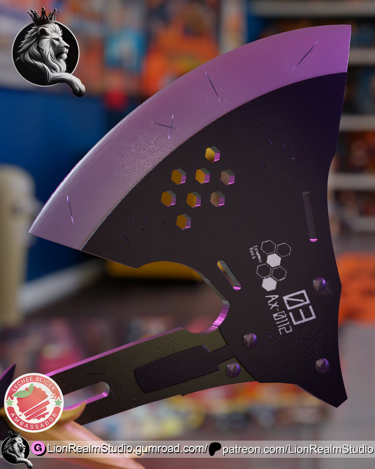 Sculptor's render (kit ships unpainted): close-up of the axe blade with its pale edge, hexagonal cut-outs and white serial markings