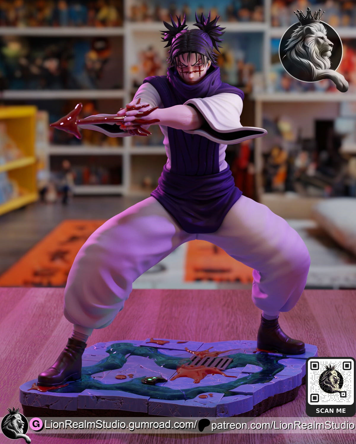 Sculptor's render of the painted design (kit ships unpainted): front view from his left of the fighter in a wide stance aiming a blood arrow, on the cracked tile base