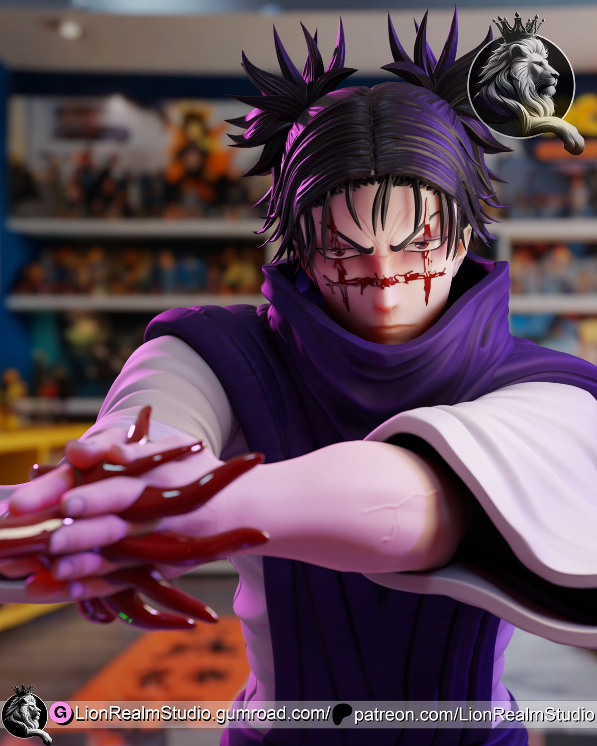 Sculptor's render (kit ships unpainted): close-up of the scowling face with the blood marking and the laced, bloodied hands