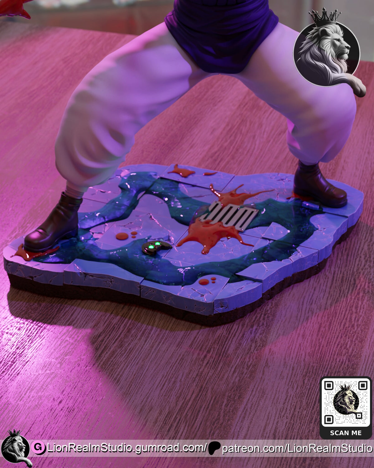 Sculptor's render (kit ships unpainted): low view of the tile base with the teal puddle, the drain grate and blood splatter, boots planted at each side