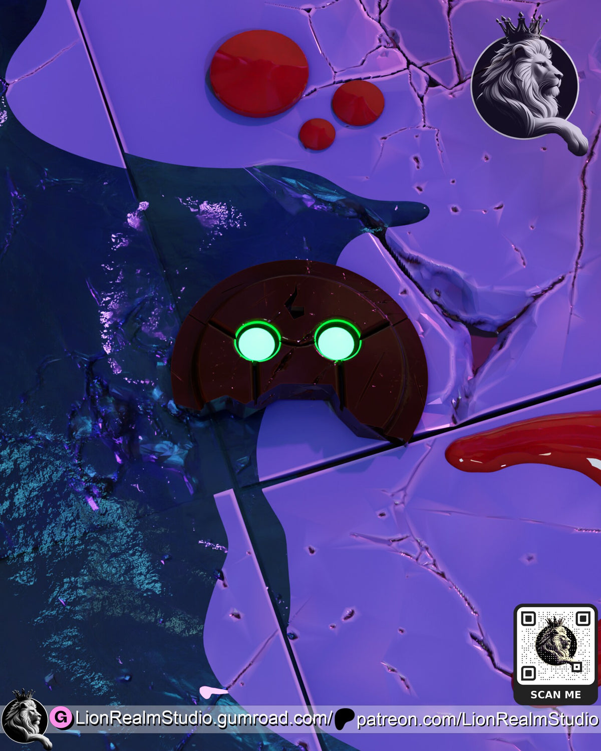 Sculptor's render (kit ships unpainted): overhead close-up of the cracked tiles, blood drops and the small disc with two glowing green lights