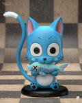 Sculptor's render of the painted design (kit ships unpainted): front view of the blue cartoon cat sitting on a round black base, holding a pale green fish in both paws, its tail curling up to a white tip