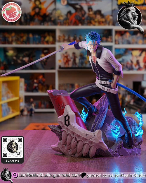 Sculptor's render of the painted design (kit ships unpainted): front three-quarter view of the blue-haired swordsman grinning, sword arm straight out, on the rubble base with the red pillar, giant bone jaw and blue flames