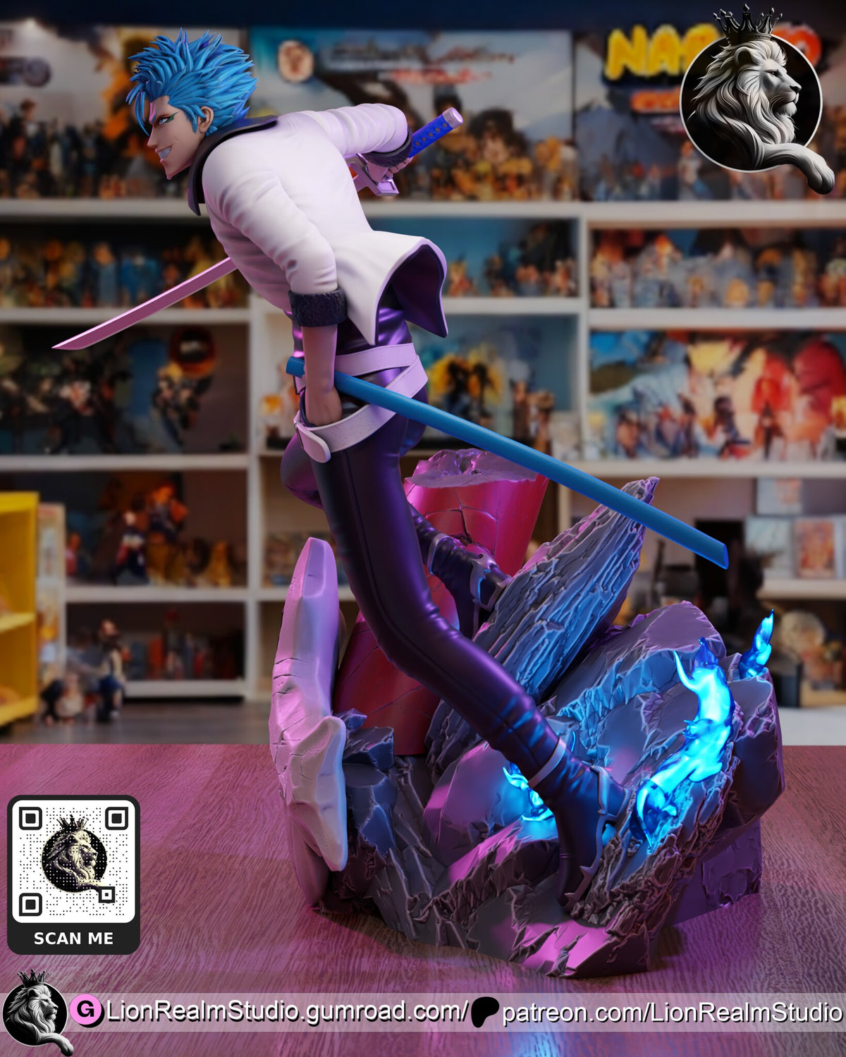Sculptor's render (kit ships unpainted): side view from the other side with the blue scabbard and the flames at his boots