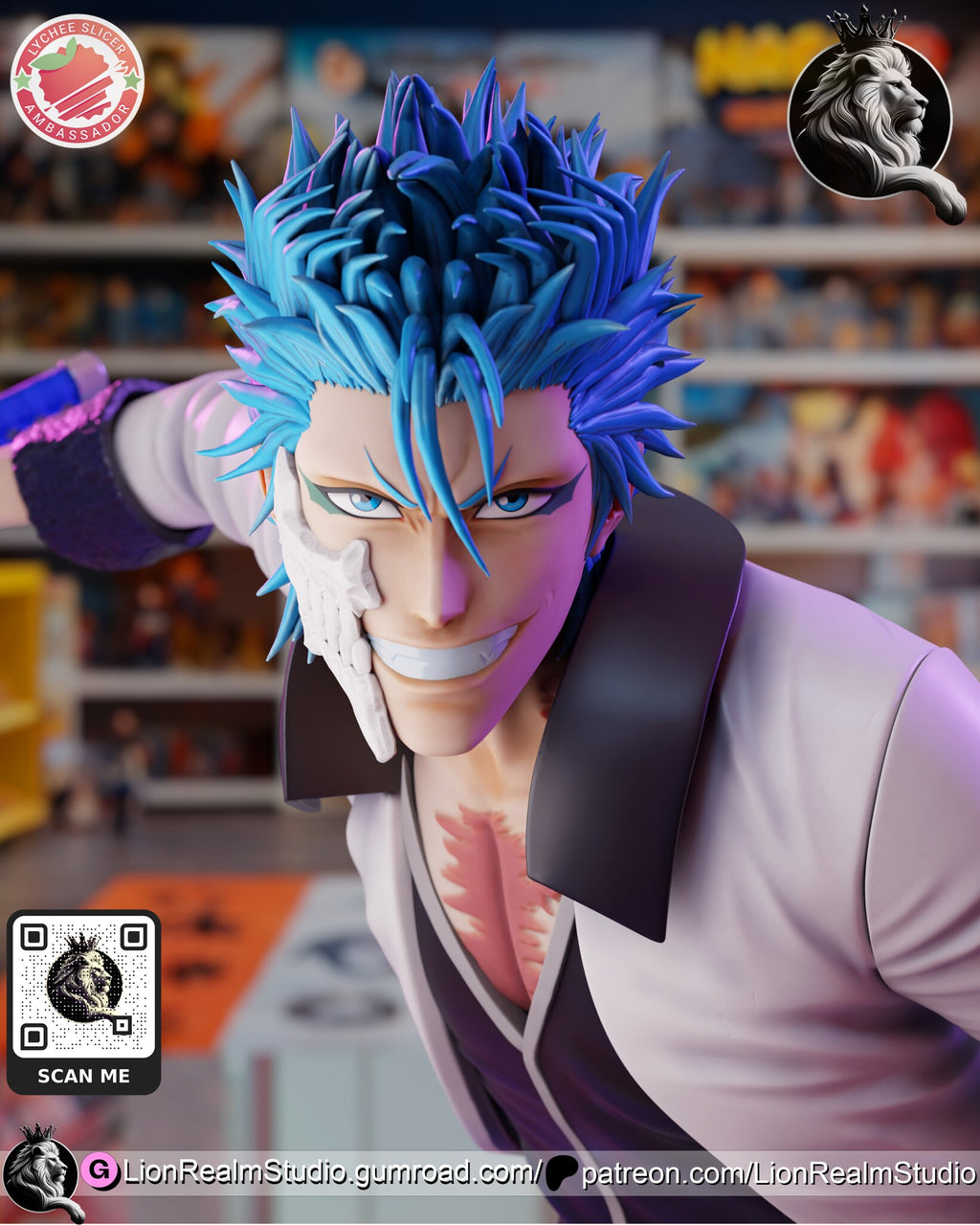 Sculptor's render (kit ships unpainted): close-up of the grinning face with the bone fragment over the jaw and the scar on his chest