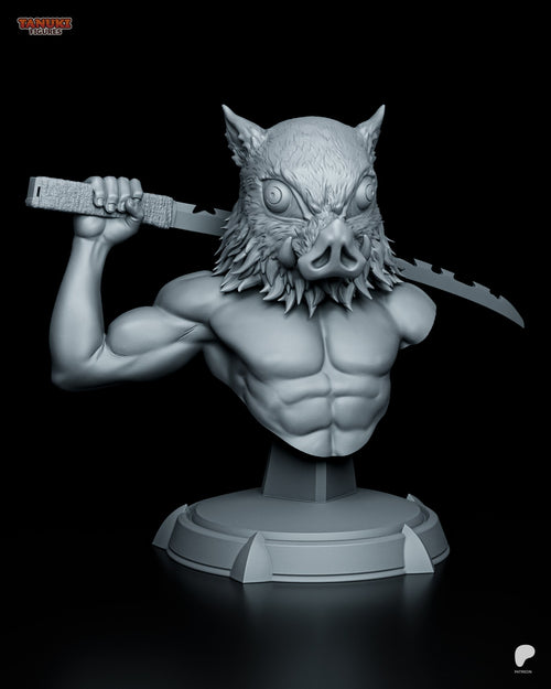 Sculptor's render of the sculpt (kit ships unpainted): front three-quarter view of the bust in the boar-head mask, the chipped sword held across his shoulders, on a round plinth