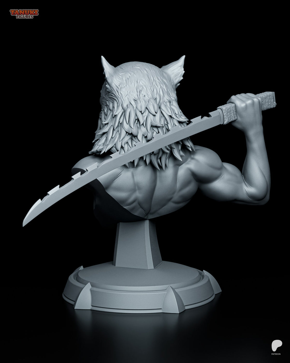 Sculptor's render (kit ships unpainted): rear view from the other side with the chipped blade in profile across the shoulders