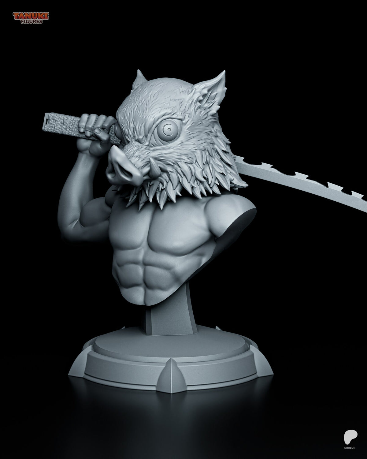 Sculptor's render (kit ships unpainted): closer front view of the boar mask's snout, tusk and ringed eye