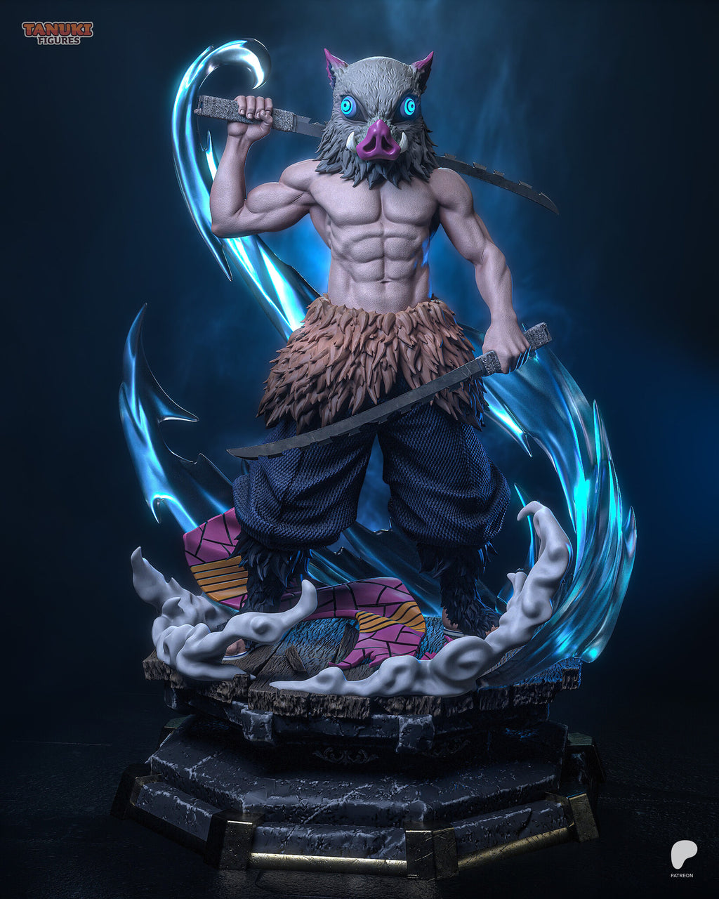 Sculptor's render of the painted design (kit ships unpainted): front view of the boar-masked swordsman with one sword raised behind his head and one held low, blue blade-slash effects around him on the octagonal stone base