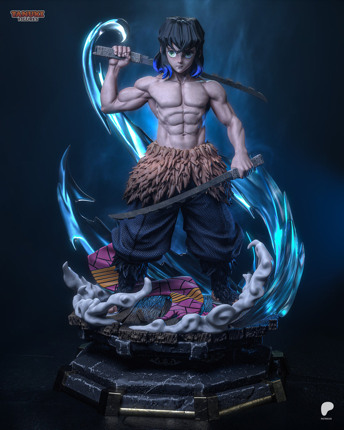 Sculptor's render (kit ships unpainted): the same front view with the unmasked head, black hair fading to blue and green eyes