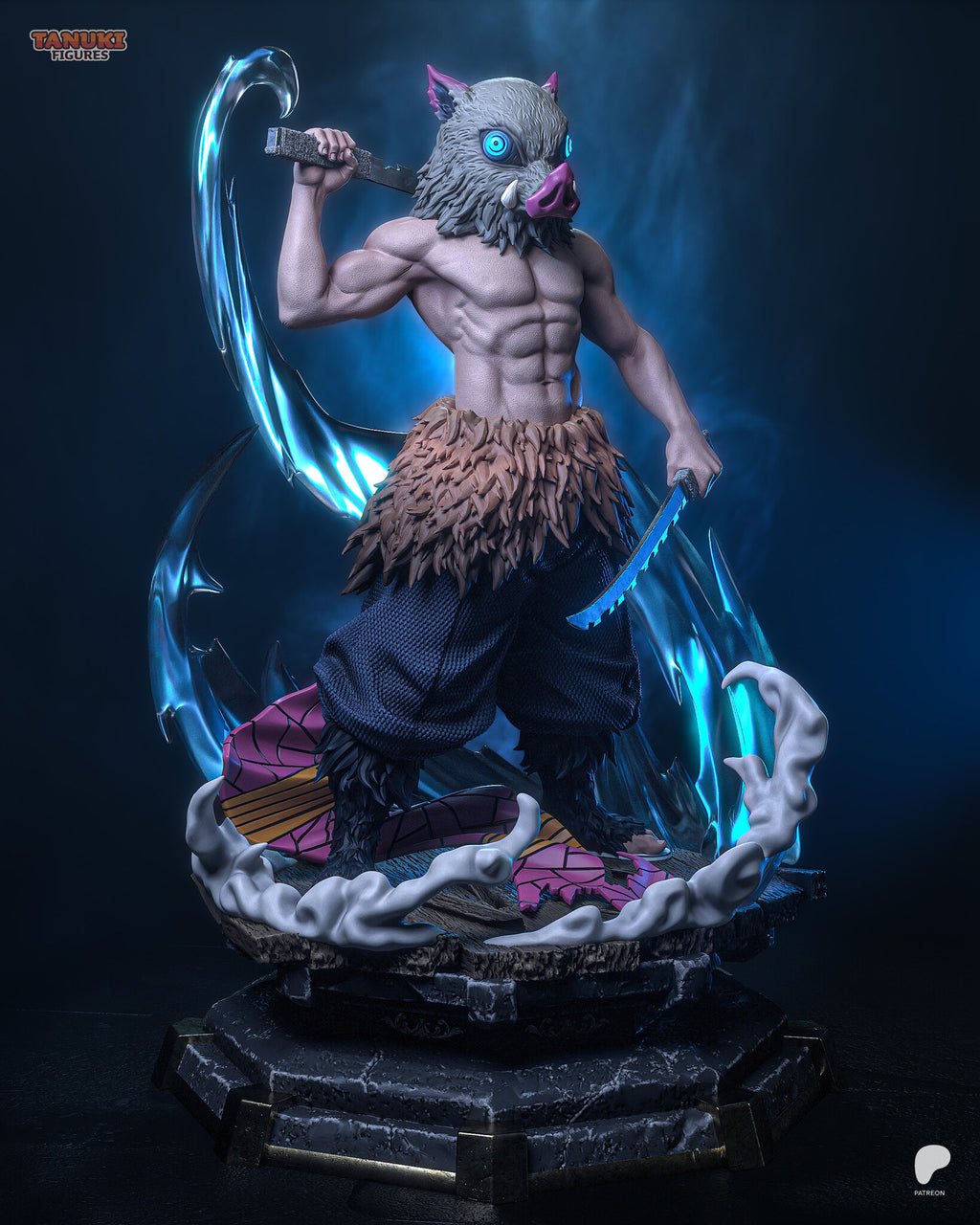 Sculptor's render (kit ships unpainted): three-quarter view showing the fur pelt, the woven navy trousers and the white smoke ring
