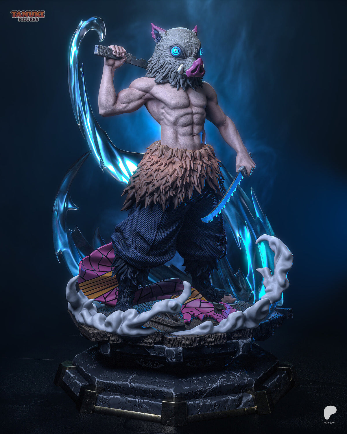 Sculptor's render (kit ships unpainted): three-quarter view showing the fur pelt, the woven navy trousers and the white smoke ring