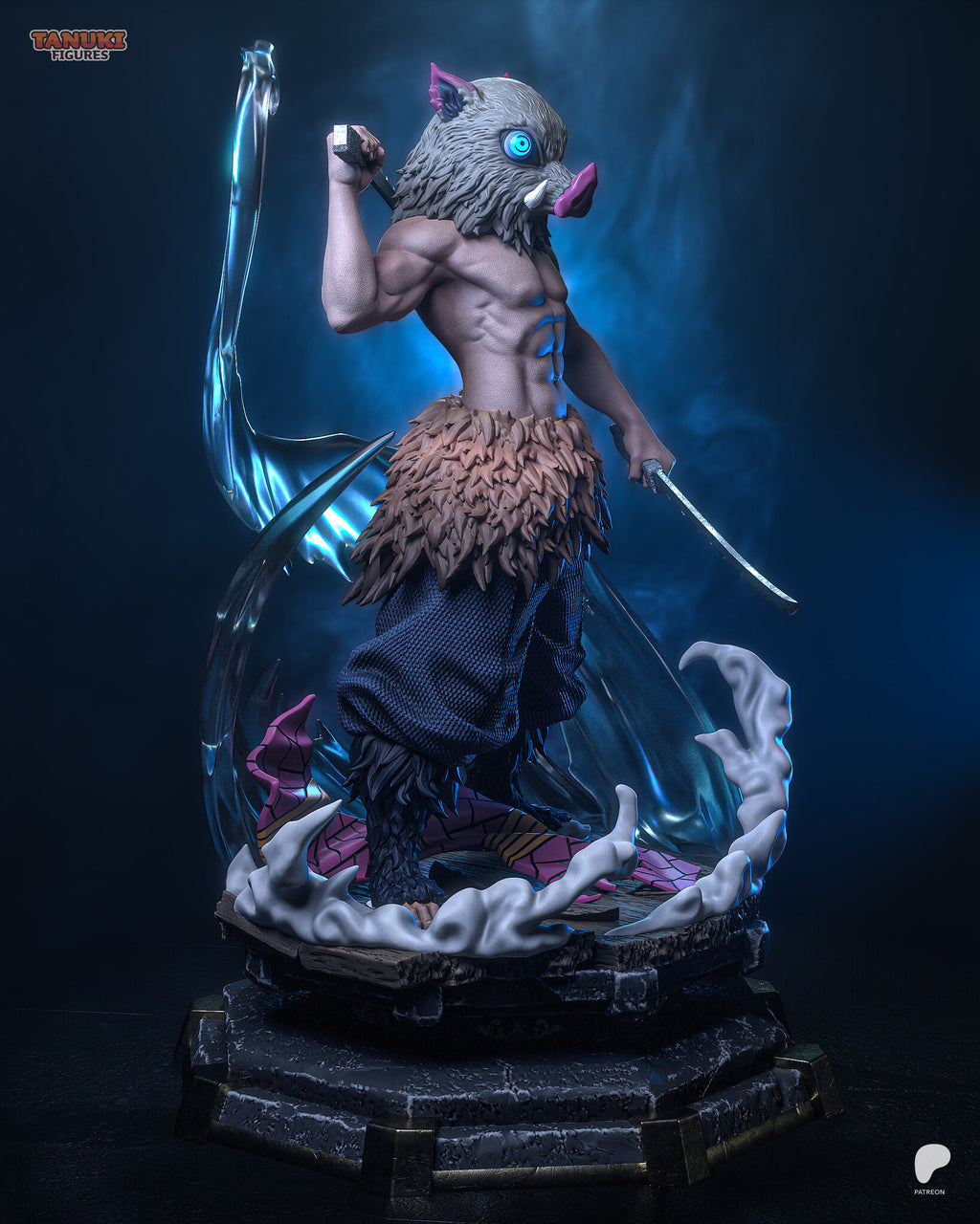 Sculptor's render (kit ships unpainted): side view with the raised sword and the tall blade-slash sweep behind him