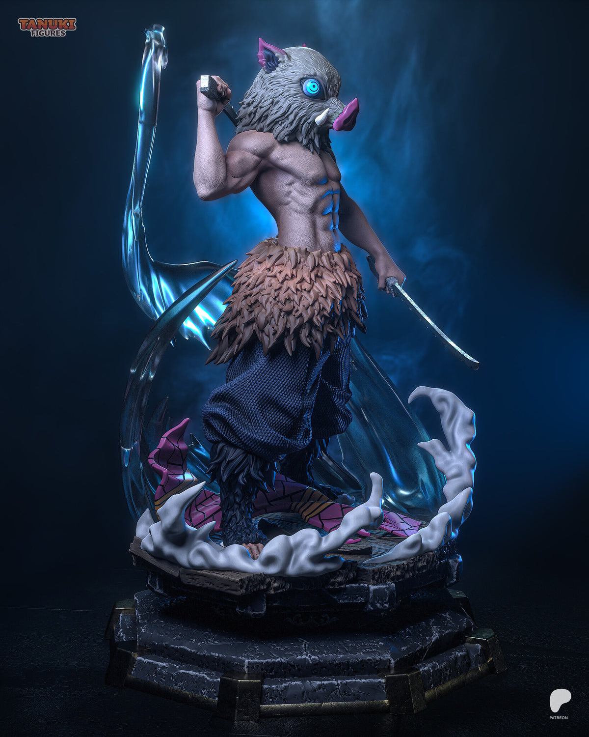 Sculptor's render (kit ships unpainted): side view with the raised sword and the tall blade-slash sweep behind him